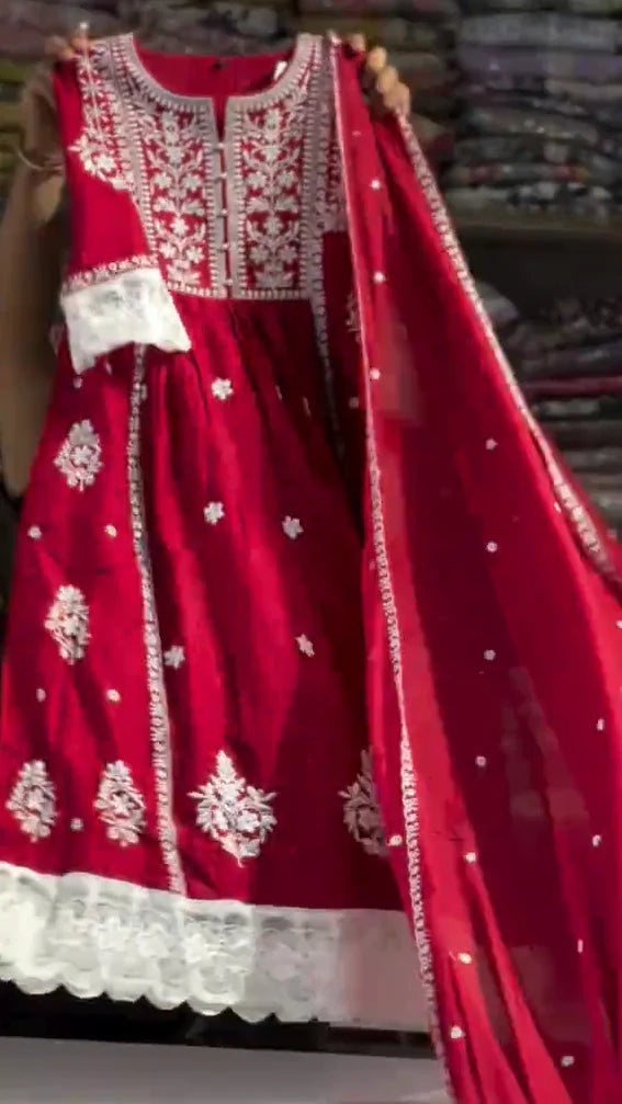 Red Beautiful Embroidered 3 Pcs Dress